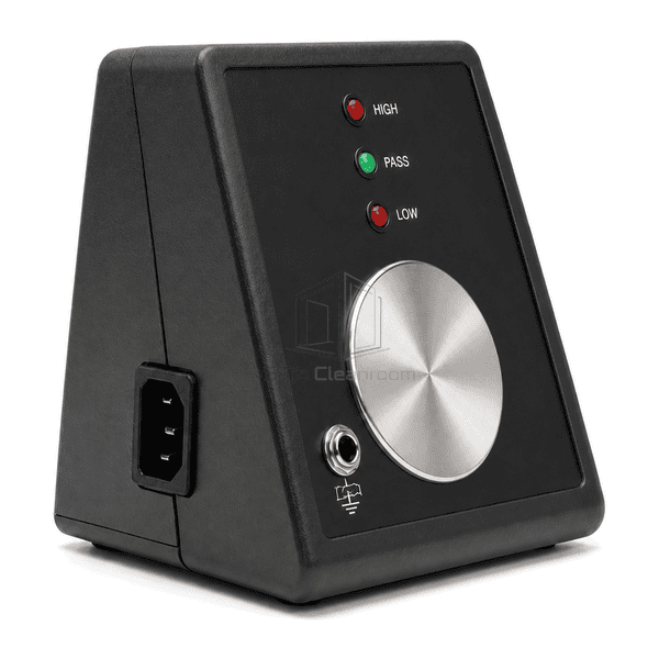 Side profile of sloped wrist strap tester enclosure and recessed power inlet