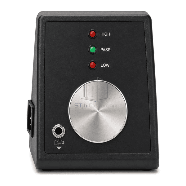 Front view of ESD wrist strap tester showing high pass and low indicators