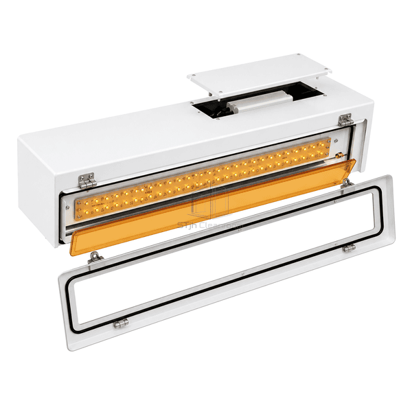 Complete amber cleanroom LED luminaire opened to show gasket, array and service interface