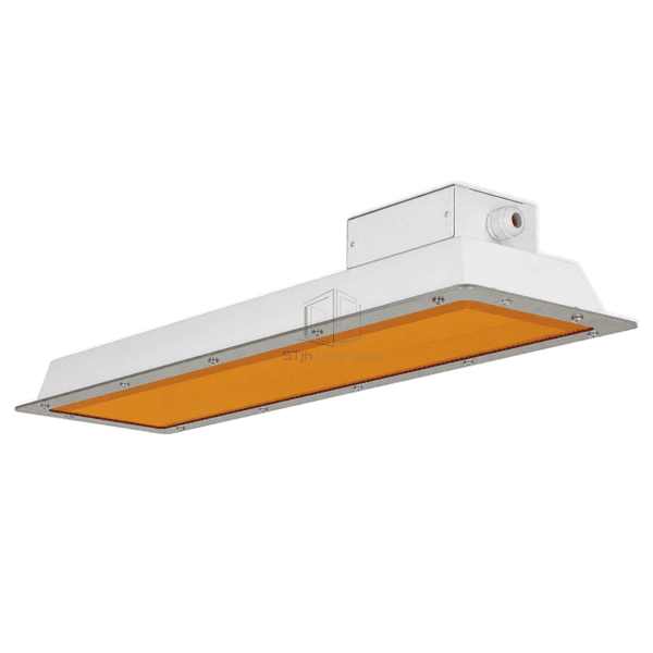 Amber cleanroom LED luminaire side view showing recessed housing and cable gland