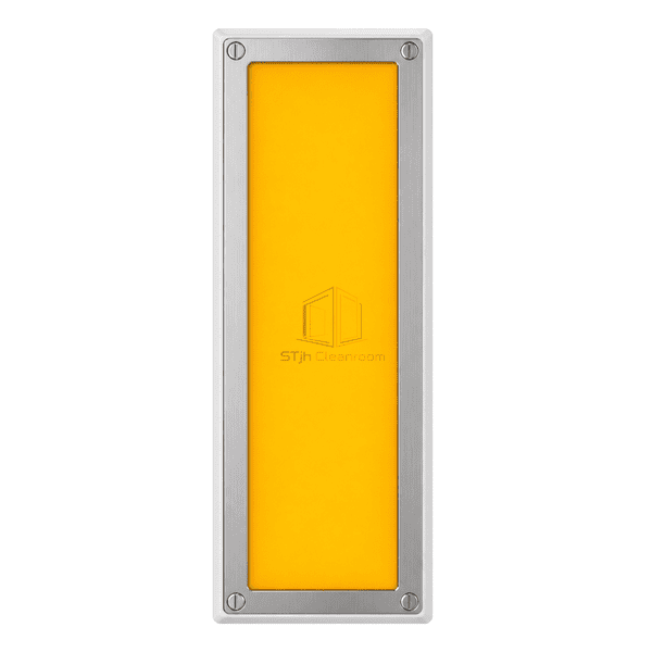 Amber cleanroom LED luminaire full front view showing stainless frame and uniform lens