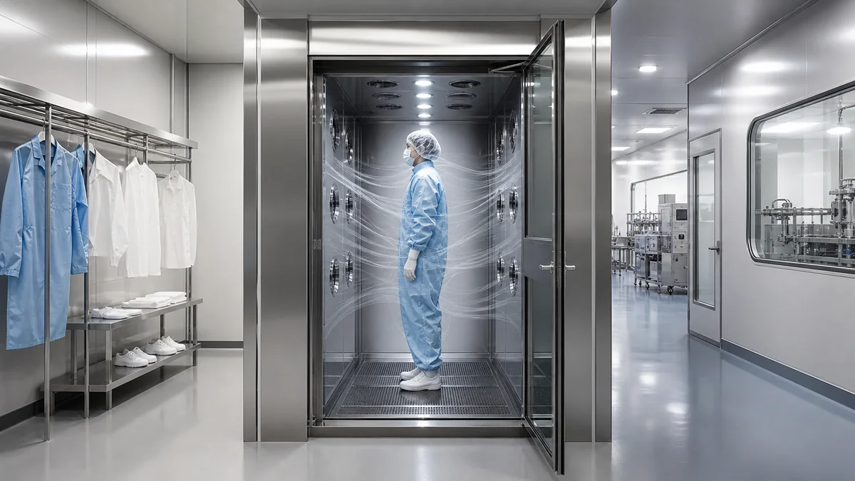 Filtered airflow around a gowned operator inside a cleanroom air shower