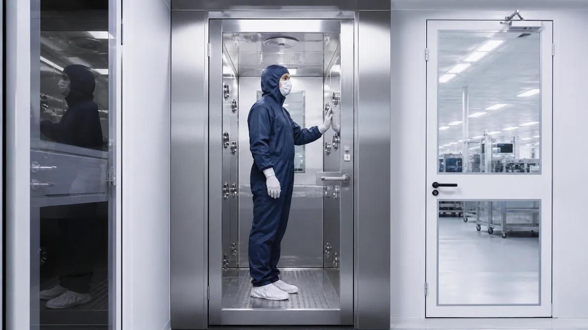 Personnel entering a stainless steel cleanroom air shower