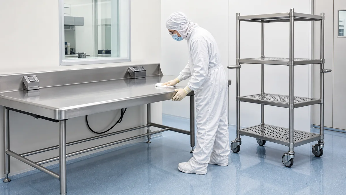 Operator cleaning a stainless cleanroom worktable beside a mobile rack