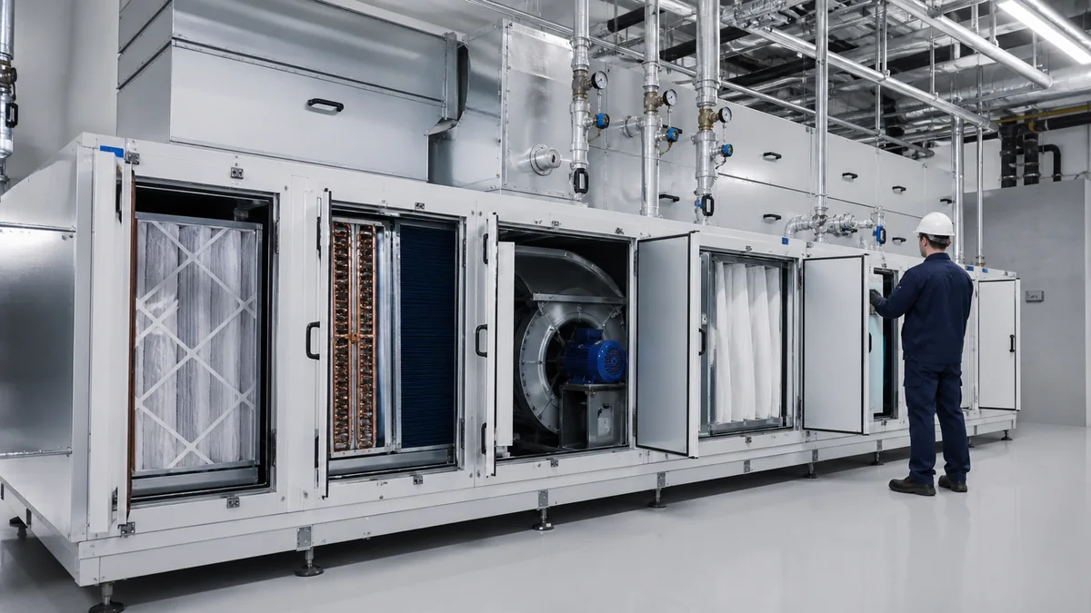 Modular cleanroom air handling unit with service sections open