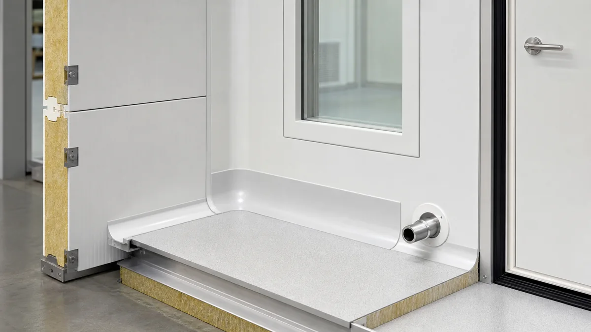 Cleanroom wall panel joint coving window and sealed penetration detail