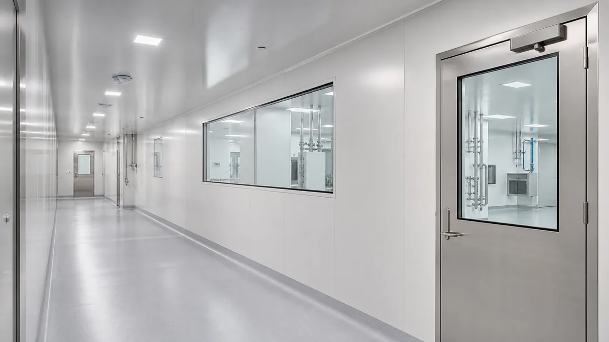 Cleanroom corridor built with flush panels windows and sealed doors