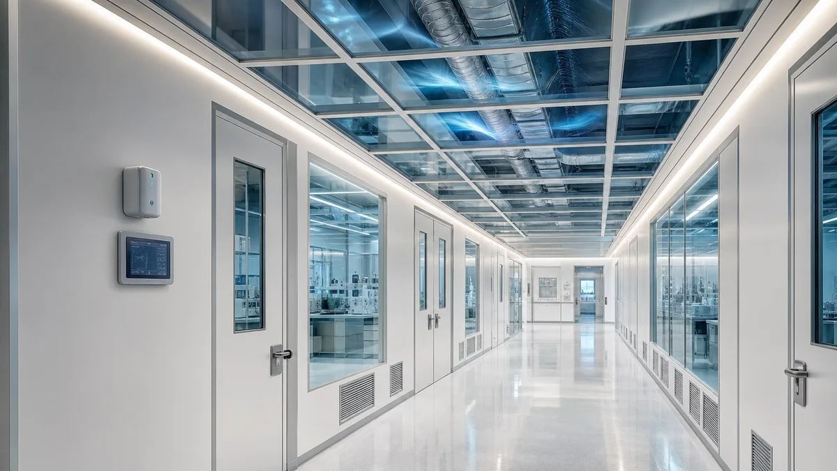 Cleanroom corridor with air ducts and environmental pressure monitoring