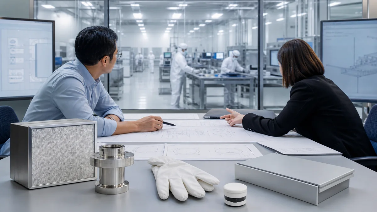 Buyer and engineer coordinating cleanroom products from one project list