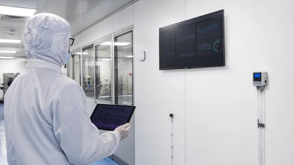 Technician reviewing cleanroom environmental monitoring data