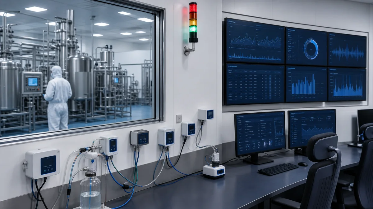 Networked cleanroom sensors connected to a central monitoring station