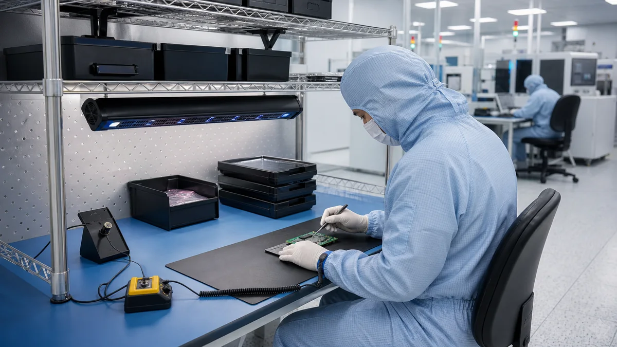 Electronics cleanroom workstation with grounding and ionization equipment
