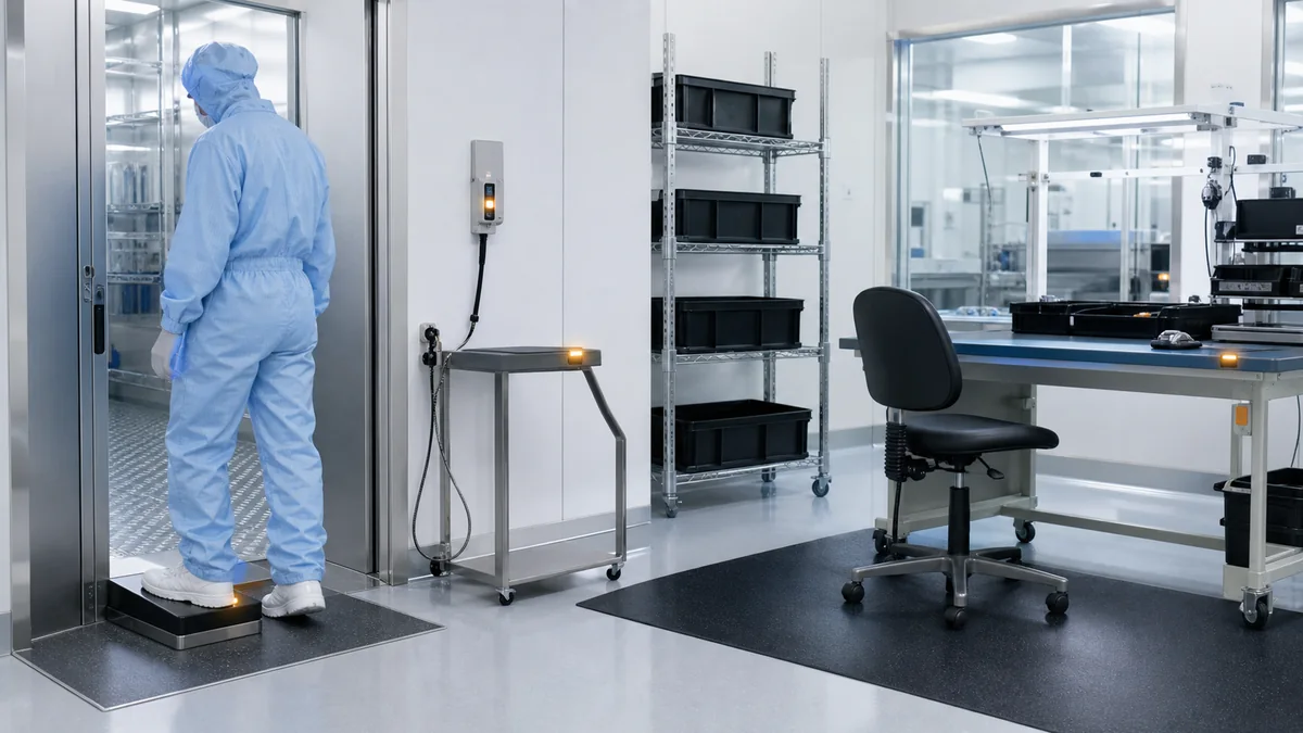 ESD footwear test grounding point and dissipative cleanroom workstation