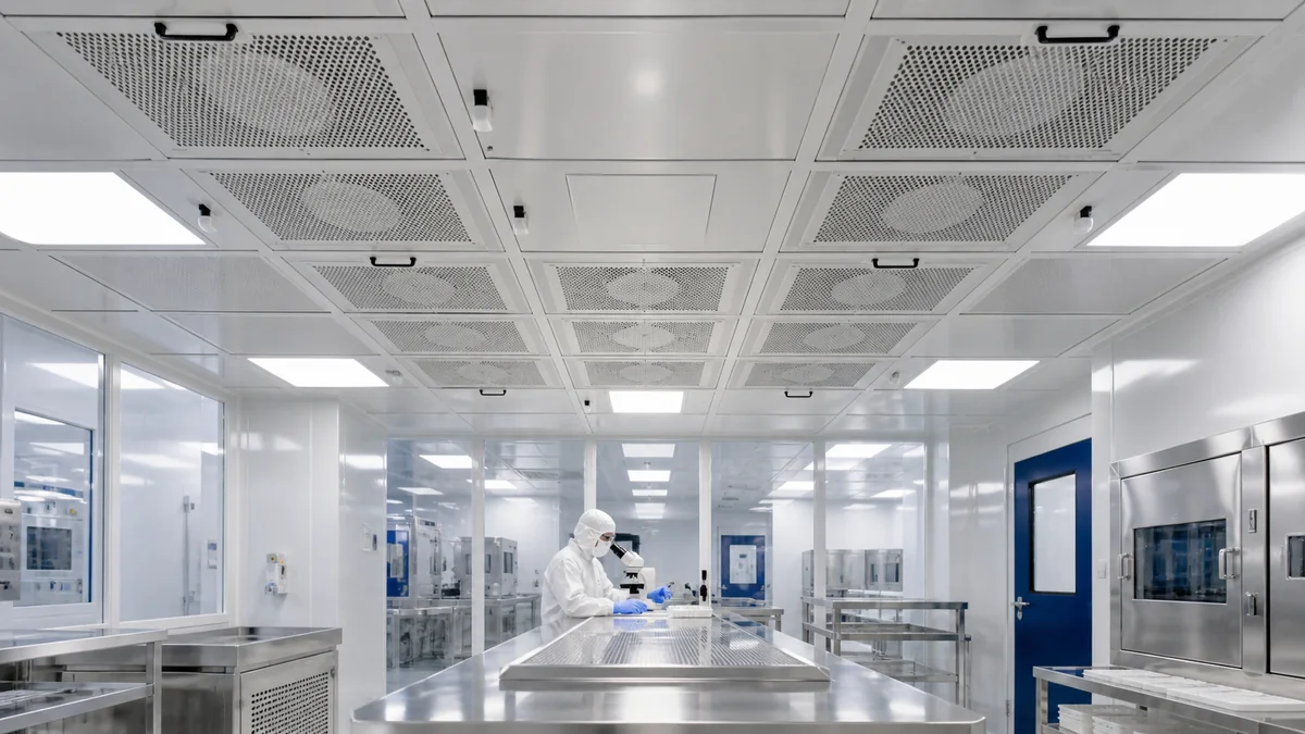 Ceiling fan filter units supplying a cleanroom work area