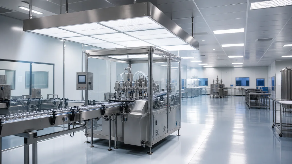 Ceiling laminar flow canopy protecting a cleanroom filling line