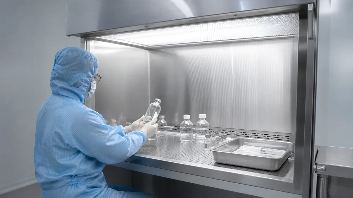 Gowned operator working under a cleanroom laminar flow hood