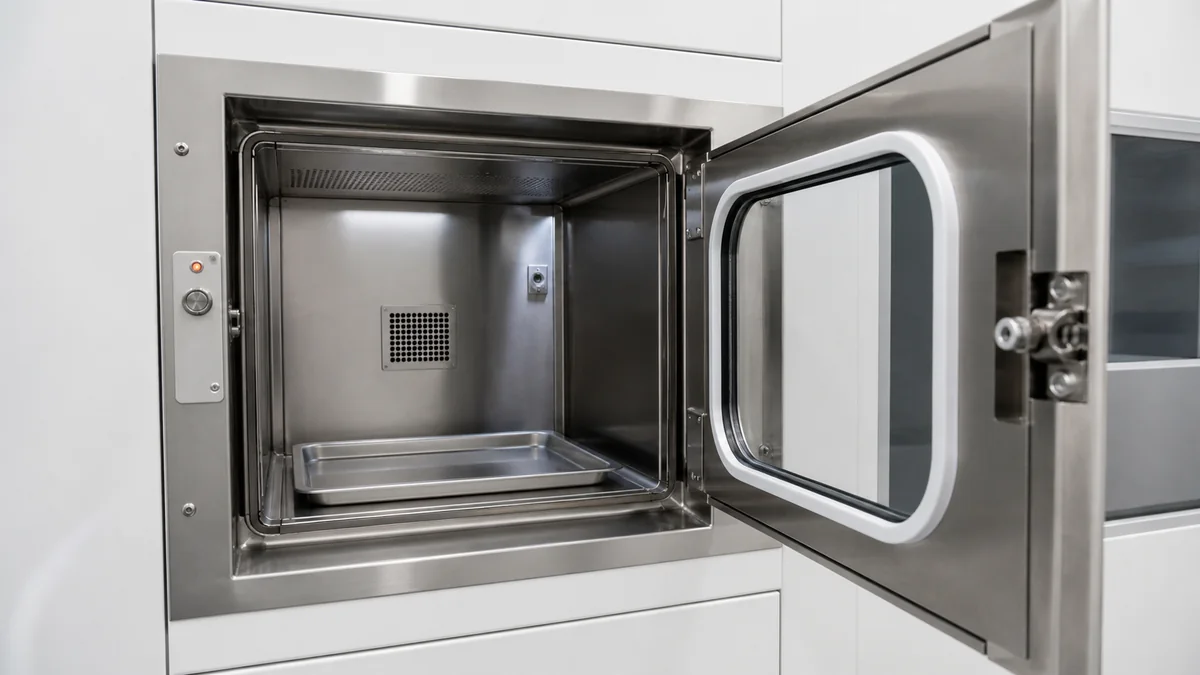 Cleanroom pass box interior with gasket and removable tray