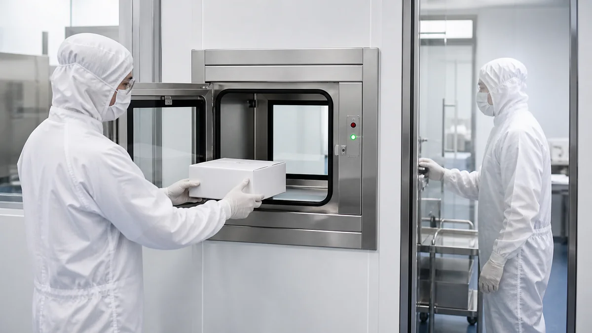 Operators transferring a package through a cleanroom pass box